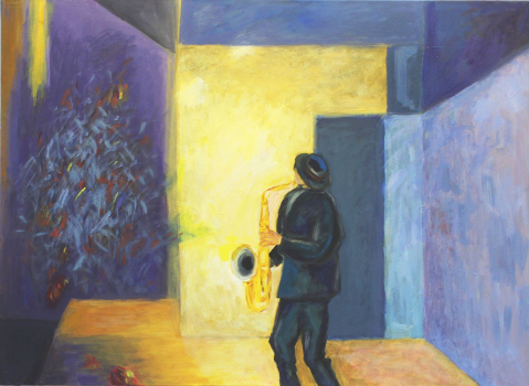 Jutta Hieret, Malerei "Nächtliches Spiel”,  Saxophonspieler, 2019